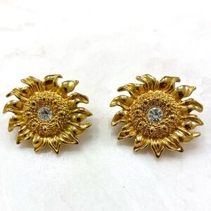 Vintage Avon Gold Sunflower Clip On Earrings with Clear Stone Centers